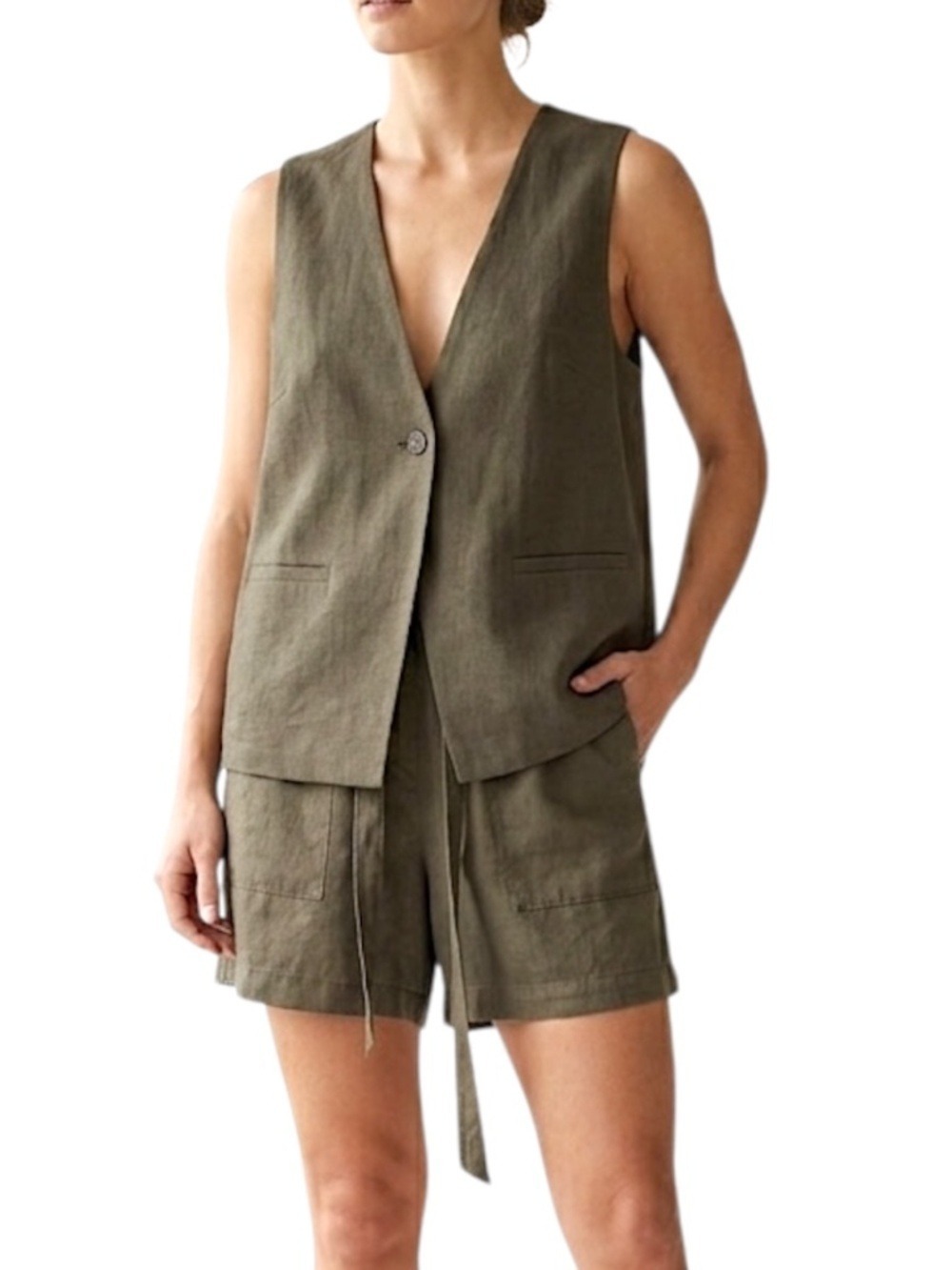 Khaki green linen cotton tie waist relaxed old money mid thigh pull on shorts 10